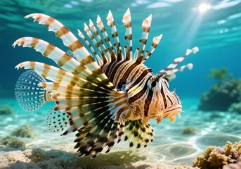 Close-up of lionfish with striped fins spread in shallow tropical water