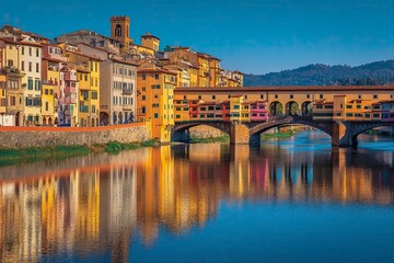 Fototapeta premium Colorful Historic Townscape with Bridge Over River in Tuscany Italy
