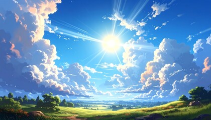 Fototapeta premium A vibrant, animated scene of a bright sun shining through fluffy white clouds, illuminating a lush green field, mountains