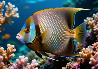 Close-up of tropical angelfish with shimmering scales near corals