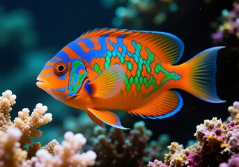 Macro of mandarin fish with blue, orange, and green patterns near corals