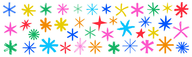 Obraz premium Doodle funky star shapes, hand drawn colorful grunge sparking, different bold and thin brush design elements, decoration art