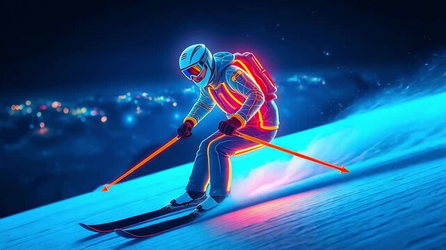 A neon skier descends a snowy mountain slope at night, cyber-futuristic style. Ski resort concept, extreme winter sport