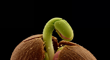 Macro shot of a tiny green seedling emerging from a cracked brown seed against a dark background