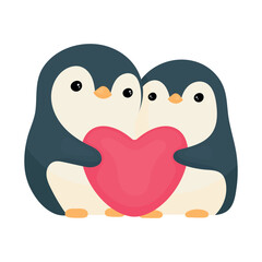 A cute penguin couple in love on a white background. The penguins are holding a heart. Vector illustration for Valentine's Day. © Makarova Asel