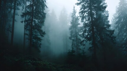 Obraz premium A dense misty evergreen forest with tall trees and filtered light creates a moody atmospheric scene