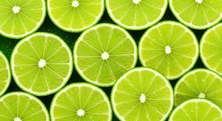 Fresh Green Lime Slices on Dark Background, Vibrant Citrus Pattern