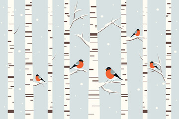 Bullfinches on birch trees in a winter forest. Beautiful birds perch on trees in a winter forest in snowy weather. Vector illustration of a winter forest with bullfinches for backgrounds and design.