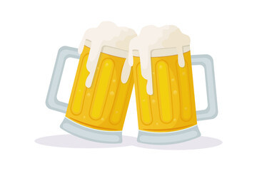 Beer glasses making cheers. Beer glass mugs with foamy beer. Glasses with foaming fresh beer for design. Vector illustration.