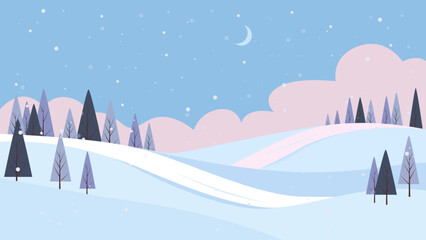 Beautiful winter twilight landscape. Winter evening nature scene with trees, snowdrifts, hills, and the moon in sunny weather. Vector landscape of Christmas night.