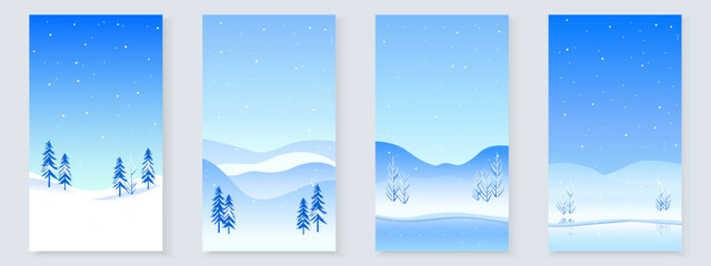 Mountain winter landscapes, card set. Snow-capped mountains and hills. Concept of winter tourism, hiking, and active winter recreation. Vector illustration of winter landscape cards for Christmas.