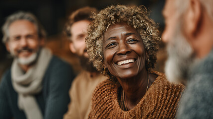 Diverse group in circle, smiling. Concept for therapy, support, or community. Represents connection, wellness, and positive interaction. Ideal for mental health, counseling.