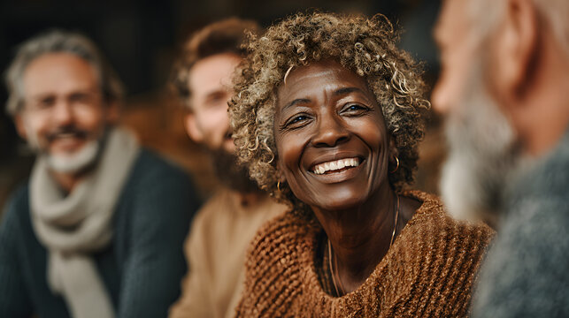 Diverse group in circle, smiling. Concept for therapy, support, or community. Represents connection, wellness, and positive interaction. Ideal for mental health, counseling.