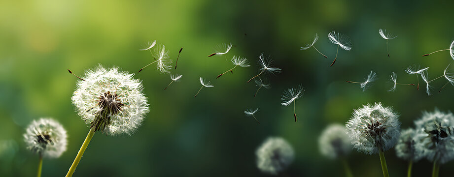 green grass in the morning  Dandelion Seeds in Breeze 
