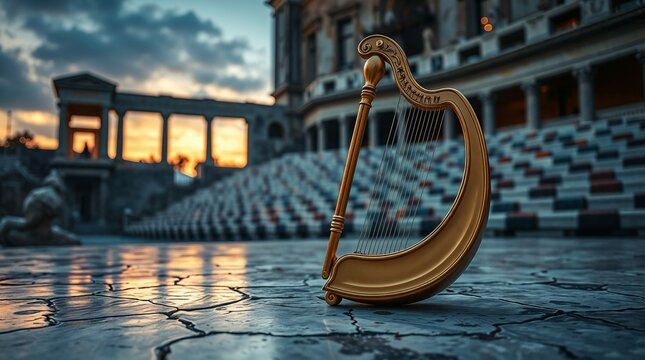 Orpheus&rsquo;s harp against a Greek amphitheater backdrop, illustration for the myth "Orpheus and Eurydice"