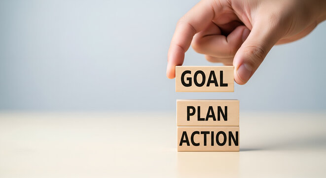 Hand stacking wooden blocks spelling goal plan action for success and achievement