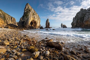 Natural Rocky Beach with Large Sea Stacks Under Blue Sky and Clouds