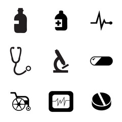 Medical icons set vector featuring clean line illustrations of healthcare elements including spray bottle, hospital location pin, syringe, pills, stomach pain, and medicine container. Minimal outline 