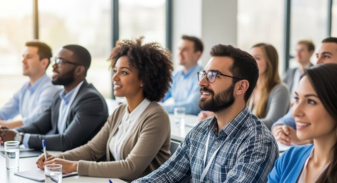Diverse group attentively listens to a presentation during a business conference or seminar.