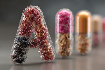 "AI" letters with medical capsules and molecular network healthcare innovation pharmaceutical technology concept artificial intelligence in medicine illustration