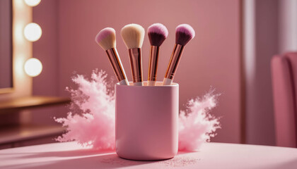 A set of four rose gold makeup brushes in a pink case on a tabletop with a pink powder cloud effect.