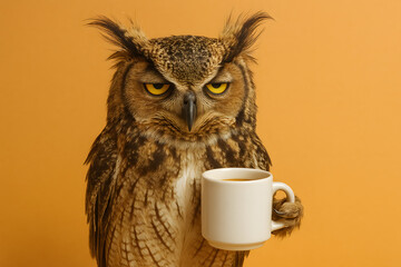 Funny grumpy owl holding white coffee mug against warm orange background humorous morning caffeine concept animal character mood expression cartoon meme style photography creative marketing idea repre