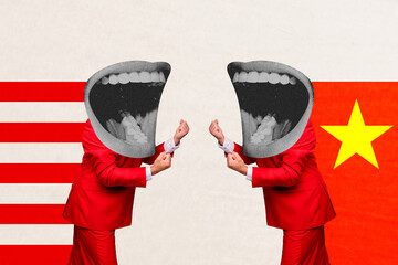 Sketch composite 3D photo collage trend artwork of head mouth two body fight attack geo politics...