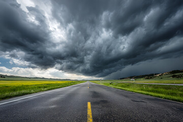 Metaphorical Road Scene with Storm Clouds and Light Beyond Horizon