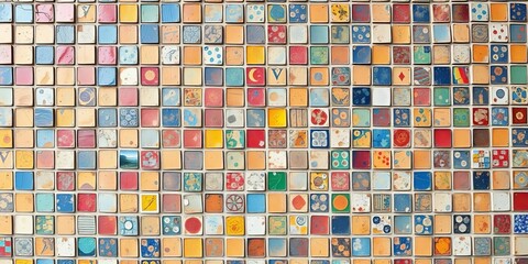 Fototapeta premium Weathered mosaic tile wall, showing age and texture, texture, surface