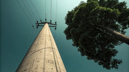 Looking up at a tall utility pole with green trees against a bright sky
