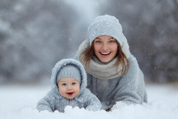 cheerful mother wipes snow off her child face both of them smiling joyfully