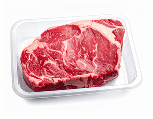Obraz premium Fresh red steak marbled beef raw meat plastic tray isolated white butcher cut ribeye grocery packaging protein uncooked