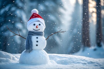 Fototapeta premium Charming Snowman with Red Hat and Scarf in a Snowy Winter Wonderland