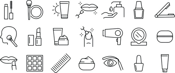 beauty line icons, hair salon outline pack, makeup doodle artwork, minimal beauty vector, cosmetic stroke icons, barber icon set, hairstyle doodle art, manicure line pack, spa outline symbols, profess