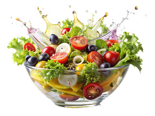 Fresh Garden Salad With Olive Oil Splash In A Glass Bowl healthy food isolated on a transparent background