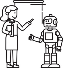 A set of clean vector illustrations showing human-robot interaction in education, work, and collaboration. EPS-ready line art for technology, STEM, and innovation themes