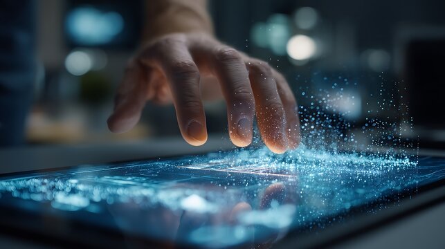 Hand interacting with digital particles on a tablet.