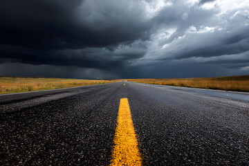 asphalt road in the field Empty Road Under Dark Storm Clouds Representing Inner Struggle
