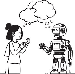 A set of clean vector illustrations showing human-robot interaction in education, work, and collaboration. EPS-ready line art for technology, STEM, and innovation themes