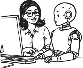 A set of clean vector illustrations showing human-robot interaction in education, work, and collaboration. EPS-ready line art for technology, STEM, and innovation themes