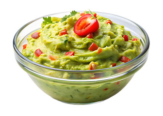 Fresh Guacamole in a Clear Glass Bowl with Toppings avocado spread isolated on a transparent background