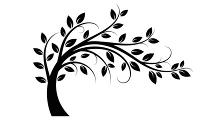 Stylized black silhouette of a tree with flowing branches against a white background.