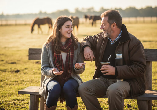 chica adolescente bebiendo mate con su padre en el campo en la mañana fresca con animales de granja de fondo. expresión de felicidad y de plenitud