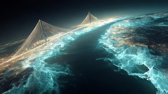 Futuristic aerial view of a glowing bridge spanning across continents over a bioluminescent ocean, representing global connection, technology, and the future of transportation and communication