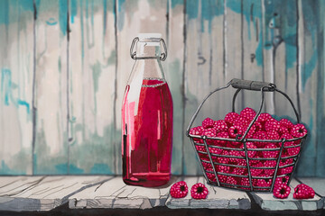 Hand painted felt-tip pen illustration shows raspberries in a vintage basket. Next to it is a bottle of raspberry juice. In front of a weathered wooden shelf. Copy space.