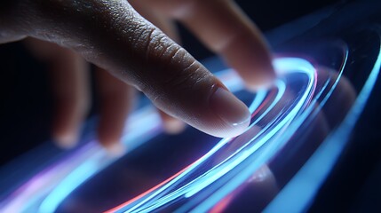 Fingertip interacting with futuristic glowing interface.
