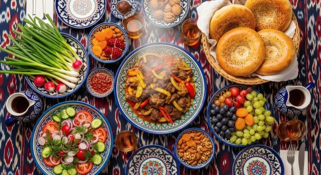 Authentic Central Asian Feast with Various Dishes on an Ikat Tablecloth