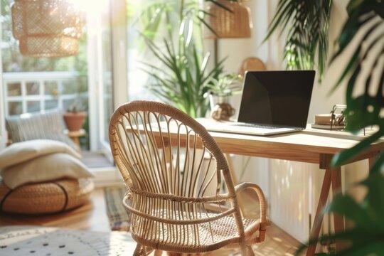 Bright and airy home office with natural light, featuring a wooden desk, rattan chair, and lush green plants indoors - Powered by Adobe