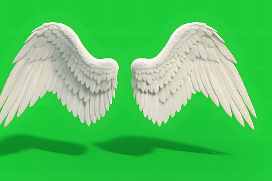 White angel wings floating on green chroma background, isolated feather wings for visual effects editing, spiritual fantasy concept, soft feathers detailed design, celestial magical element for photo 