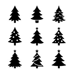 A black silhouette of a Christmas tree , isolated on a white background. High contrast, simple, vector style